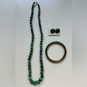 Antique Malachite Beaded Necklace, Earrings, Bracelet Set Estate Jewelry Rare